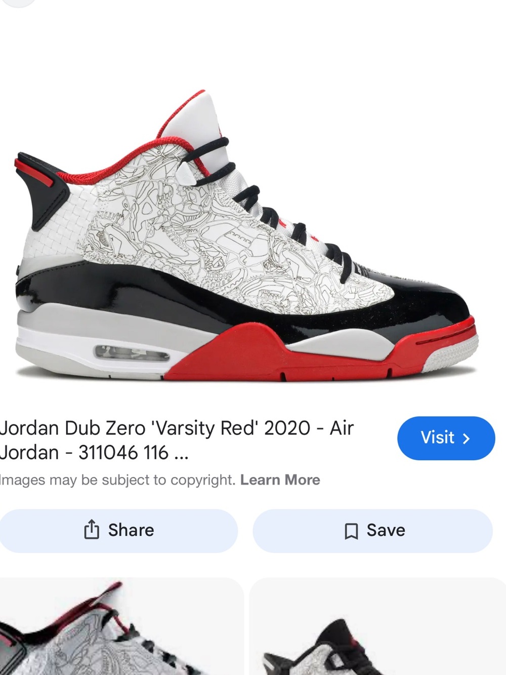 Boys Nike Air Jordan Dub Zero sneakers in the White Varsity Red colorway, 4Y
